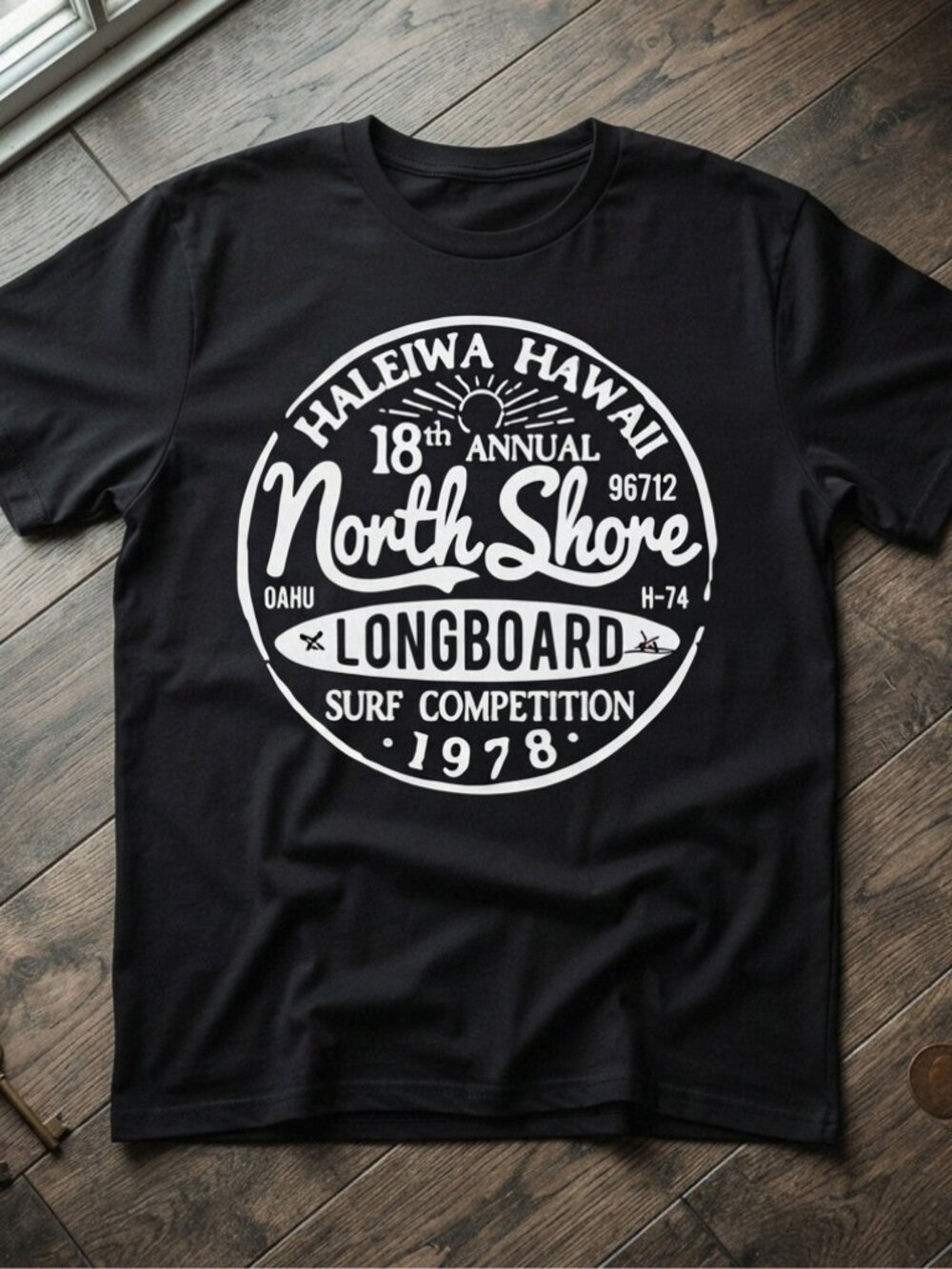 Haleiwa Hawaii North Shore LongBoard Surf 1987 Black T-Shirt